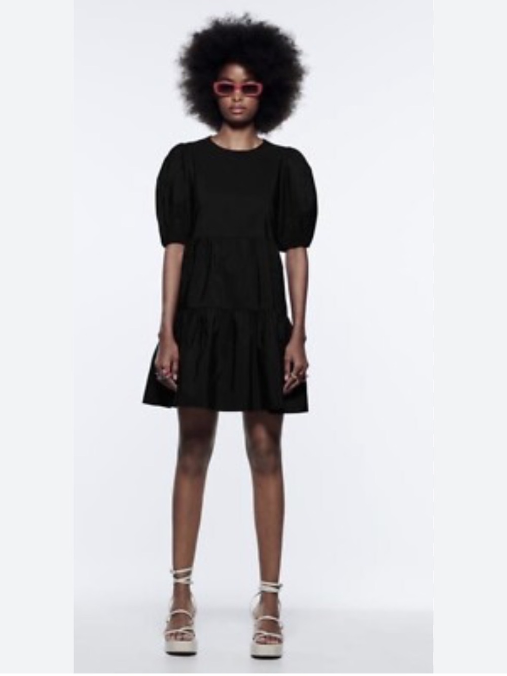 Zara Black 100% Cotton Poplin Ruffled Tiered Sundress with Puff Sleeves